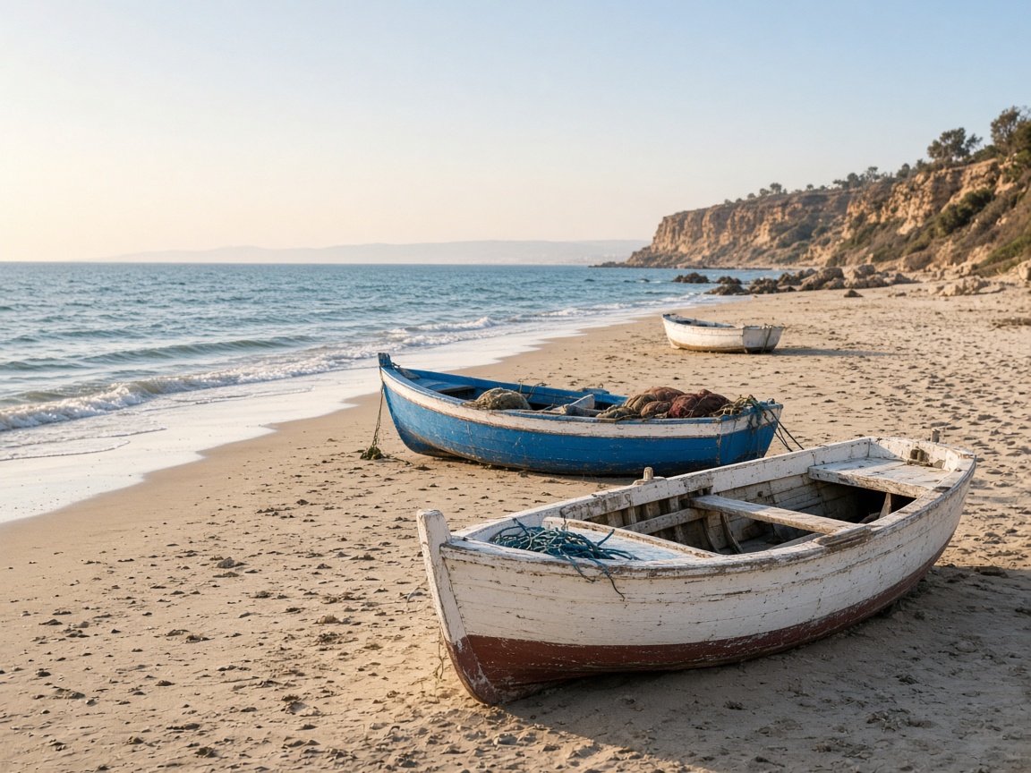 Small fishing boats on the sand at morning