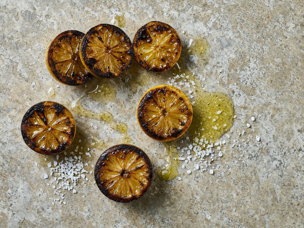 Citrus and herbs on a stone ledge