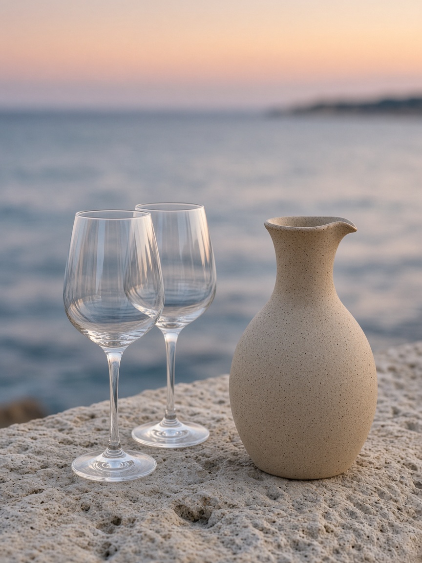 Wine glasses and a ceramic carafe at dusk