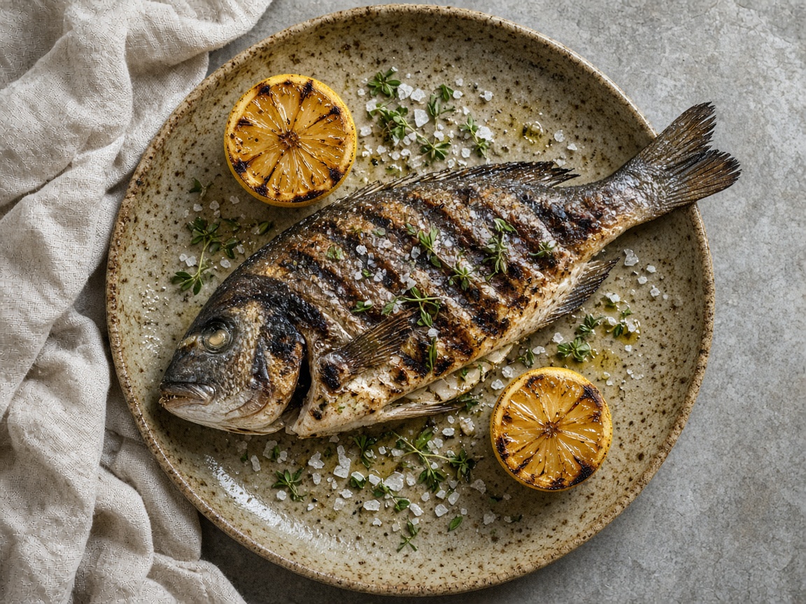 Grilled fish with charred lemon on a ceramic plate