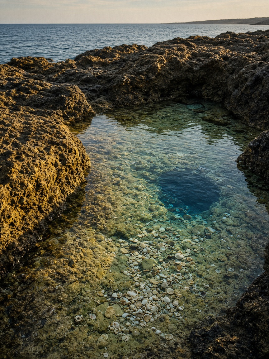 Tide pools in dark coastal rock