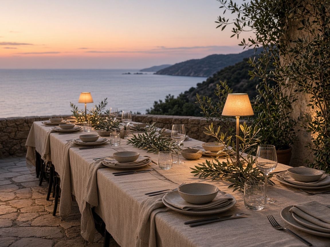 Communal table set with linen above the sea